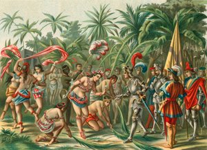 Ontvangst van Anacaona, genaamd de Gouden Bloem, op Hispaniola voor Bartholomeus Columbus en Hermano del Almirante door Spanish School