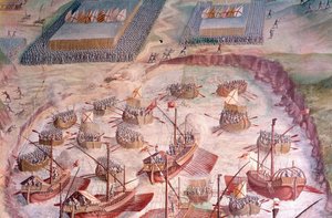 Regatta van Spaanse galeien tijdens een expeditie naar de Azoren in 1582 onder Filips II (1527-1598), koning van Spanje. 16e-eeuwse fresco. Hal van de Slagen, Paleis van het Escorial, Madrid. door Spanish School