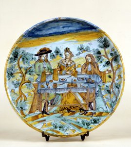 Afbeelding van een buitenbanket op een keramische plaat van Talavera de la Reina (Spanje). Begin 16e eeuw. Milaan, Museo del Castello. door Spanish School