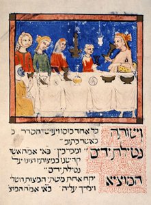 Reproductie van de Pesachmaaltijd, uit de Sarajevo Haggadah door Spanish School