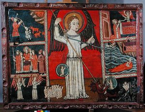 Sint-Michiel verslaat de duivel afgebeeld als een draak en weegt zielen in een paar weegschalen door Spanish School
