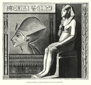 Zittend standbeeld en reliëf van de Oud-Egyptische Farao Akhenaten (Amenhotep IV) door Spanish School