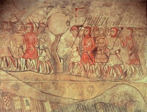 Soldaten uit het leger van Koning Jacobus I (1208-76) een groep voetsoldaten met bogen en lansen, detail van een muurschildering uit het voormalige Palacio Reale, Barcelona