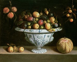 Stilleven van fruit in een blauw-witte kom, c.1630