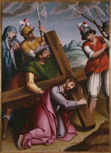 Het Dragen van het Kruis, Simon van Cyrene helpt Jezus door Spanish School