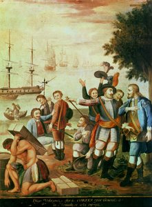 De verovering van Mexico: Diego Velasquez de Cuellar (1465-1524) kiest Hernando Cortes (1485-1547) als generaal van de Armada en geeft hem het bevel door Spanish School
