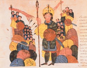 De Nederlaag van Goliath, uit de Visigotisch-Mozarabische Bijbel van St. Isidores, fol.118v., 960 n.Chr. (tempera op perkament) door Spanish School