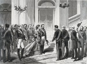 De Koning van Spanje Amedee I (Amedeo Ferdinando Maria di Savoia) (1845-1890) en zijn vrouw Koningin Maria Victoria dal Pozzo della Cisterna (1847-1876) bij hun aankomst in het Koninklijk Paleis in Madrid op 19/03/1871. Gravure uit "La Ilustracion Espanola