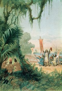 De Landing van Christoffel Columbus (1451-1506) op het eiland San Salvador op 12 oktober 1492, uit 