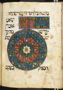 De Matsah (ongedesemd brood), een van de verplichte voedingsmiddelen tijdens het Pesachfeest, uit The Golden Haggadah, Add. 27210, f. 44v (perkament)