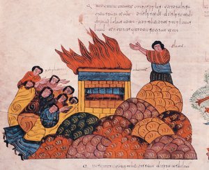 De profeet Elias bidt op de berg Karmel voor de God van Israël om gerechtvaardigd te worden voor de priesters van Baäl en vuur valt uit de hemel (I Koningen 18), fol.145v., uit de Visigotisch-Mozarabische Bijbel van St. Isidores door Spanish School