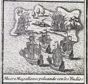 De dood van Magellan in een gevecht met de Indianen door Spanish School