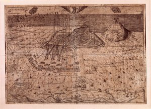De opstand van Catalonië of de oorlog van de oogsters (1640-1659), het beleg van Barcelona over zee en land door de troepen van Filips IV van Spanje (1605-1665). Gravure 1652. Stadshistorisch Museum, Barcelona.