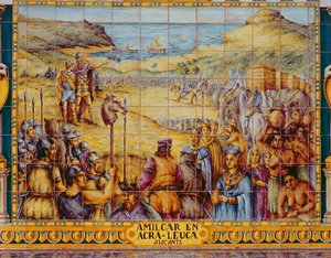 Tegels die de ontscheping van Hamilcar en zijn zoon Hannibal bij Akra Leuce tijdens de Eerste Punische Oorlog (264-241 v.Chr.) weergeven (keramiek)