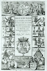 Titelpagina van Descripcion de las Indias Ocidentales door Antonio de Herrera y Tordesillas, Madrid editie, 1725 door Spanish School