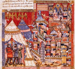 Trojaanse Oorlog: de stad Troje en het Griekse kamp. (detail) Miniatuur uit het Spaanse manuscript 