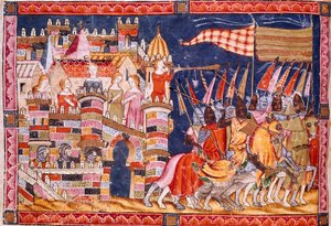 Trojaanse Oorlog: de stad Troje en het Trojaanse leger dat naar de strijd vertrekt. Detail van een miniatuur uit het Spaanse manuscript 