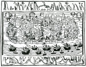 Uitzicht op Lissabon uit Libro de Grandezas y cosas Memoralder de Espana door Pedro Medina, 1548 door Spanish School