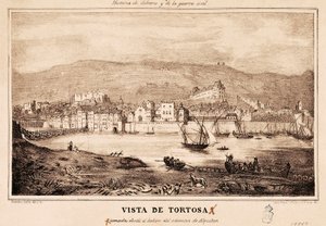 Uitzicht op de stad Tortosa in Spanje, in "Historia de Cabrera y de la Guerra Civil" door Damaso Calbo y Rochina de Castro door Spanish School