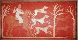 Jachtscène met honden die achter wild aanrennen. 1150. Fresco uit de hermitage van Baudelio de Berlanga, Soria. Bewaard in het Prado Museum. door Spanish School
