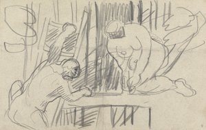 Grot van het Gouden Kalf: Studie van een boomhut met primitieve mensen door Spencer Frederick Gore