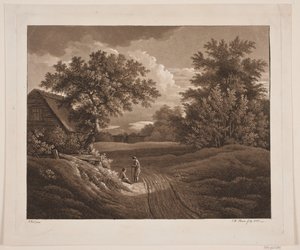 Landschap met twee pratende boeren