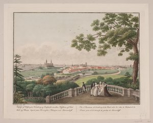 Uitzicht op Helsingør, Kronborg en de Sont tussen de kusten van Seeland en Skåne. Getekend op het terras in de tuin bij Marienlyst door Søren L. Lange