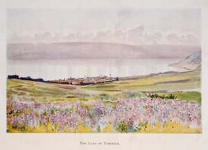 Aquarel door Stanley Inchbold, die het Meer van Galilea in Palestina afbeeldt, 1906