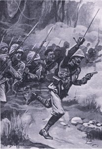 Britse aanval op de Ashantis bij Amoaful, 31 januari 1874, illustratie uit British Battles on Land and Sea, 1915