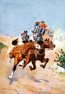 Postkoets achtervolgd door Indianen door Stanley L. Wood