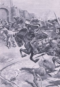 De 16e Lancers en Skinners Horse drijven de Jats naar Bharatpur; december 1825, illustratie uit Britse gevechten op land en zee, 1915
