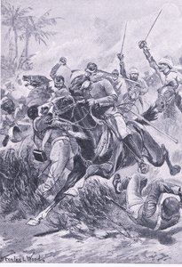 Vrijwillige cavalerie buiten Lucknow, 30 juni 1857, illustratie uit British Battles on Land and Sea, 1915 door Stanley L. Wood