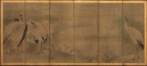 Kraanvogels en chrysanten, Momoyama of Edo periode