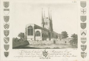 Tamworth Kerk: aquatint gravure, 1792 door Stebbing Shaw