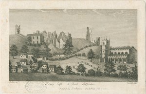 Tutbury Kasteel en Kerk - Zuidoostaanzicht: gravure, nd [1762-1792]