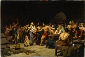 De gladiatoren voor hun entree in de arena. De Romeinse patriciërs bezoeken en beoordelen het fysieke uiterlijk van de gladiatoren voor het gevecht, de vrouwen vleien en feliciteren de strijders. door Stefan Vladislavovich Bakalowicz