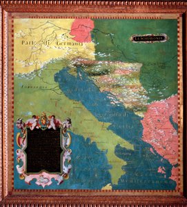 Italië en Joegoslavië (Slavische landen) Kaart gemaakt door Stefano Bonsignori (?-1589) Italiaanse kosmograaf en schilder. Rond 1581. Florence, Palazzo Vecchio, Sala del Mappamondo door Stefano Buonsignori