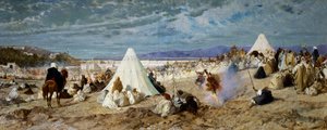 Viering van Mohammed in Tanger, schilderij door Stefano Ussi (1822-1901), 48,5x117,5 cm door Stefano Ussi