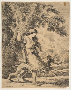 Een nimf houdt een grote hond bij zijn halsband, ca. 1654 door Stefano della Bella