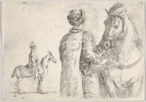Een Poolse knecht, gezien van achteren, die het hoofdstel van een paard naar rechts vasthoudt, een Poolse ruiter..., ca. 1662 door Stefano della Bella