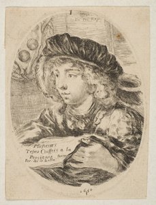 Een buste van een jonge man met een hoed met veren, driekwart naar links gedraaid, 1650 door Stefano della Bella