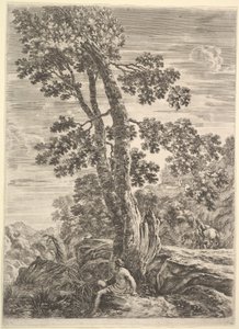 Een visser in het midden naar links gericht en leunend tegen een grote boom, een vrouw wandelend..., ca. 1652-57