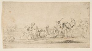 Een visser brengt zijn netten binnen, een man links duwt een baal naar rechts, twee zitt..., ca. 1662