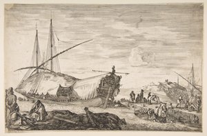 Een galei bedekt met zeilen naar links, zes kanonnen en vier mensen naar links op de voorgrond door Stefano della Bella