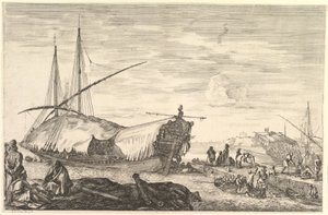 Een galei bedekt met zeilen naar links, zes kanonnen en vier mensen op de voorgrond, ca. 1652-57 door Stefano della Bella