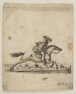 Een ruiter met zwaard in de hand galopperend naar rechts, andere ruiters galopperen..., ca. 1645-46 door Stefano della Bella