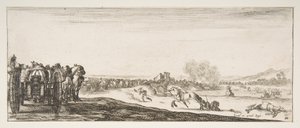 Een processie van door paarden getrokken kanonwagens naar links, ruiters in gevecht en een dode ho..., ca. 1641 door Stefano della Bella
