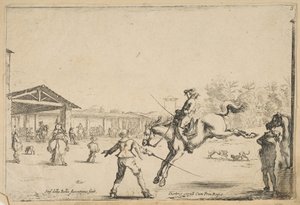 Een rijschool, een ruiter met zwaard springt door Stefano della Bella