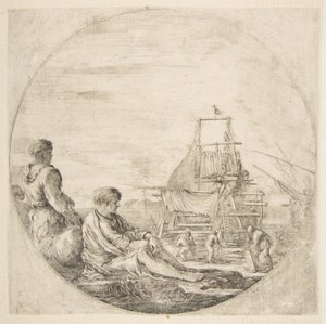 Een zittende witte matroos en een staande zwarte matroos, mensen bouwen een schip op de achtergrond..., ca. 1660