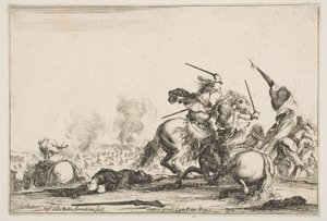 Een schermutseling, twee ruiters vechten met zwaarden rechts, mannen met een vlag rennen..., ca. 1645 door Stefano della Bella